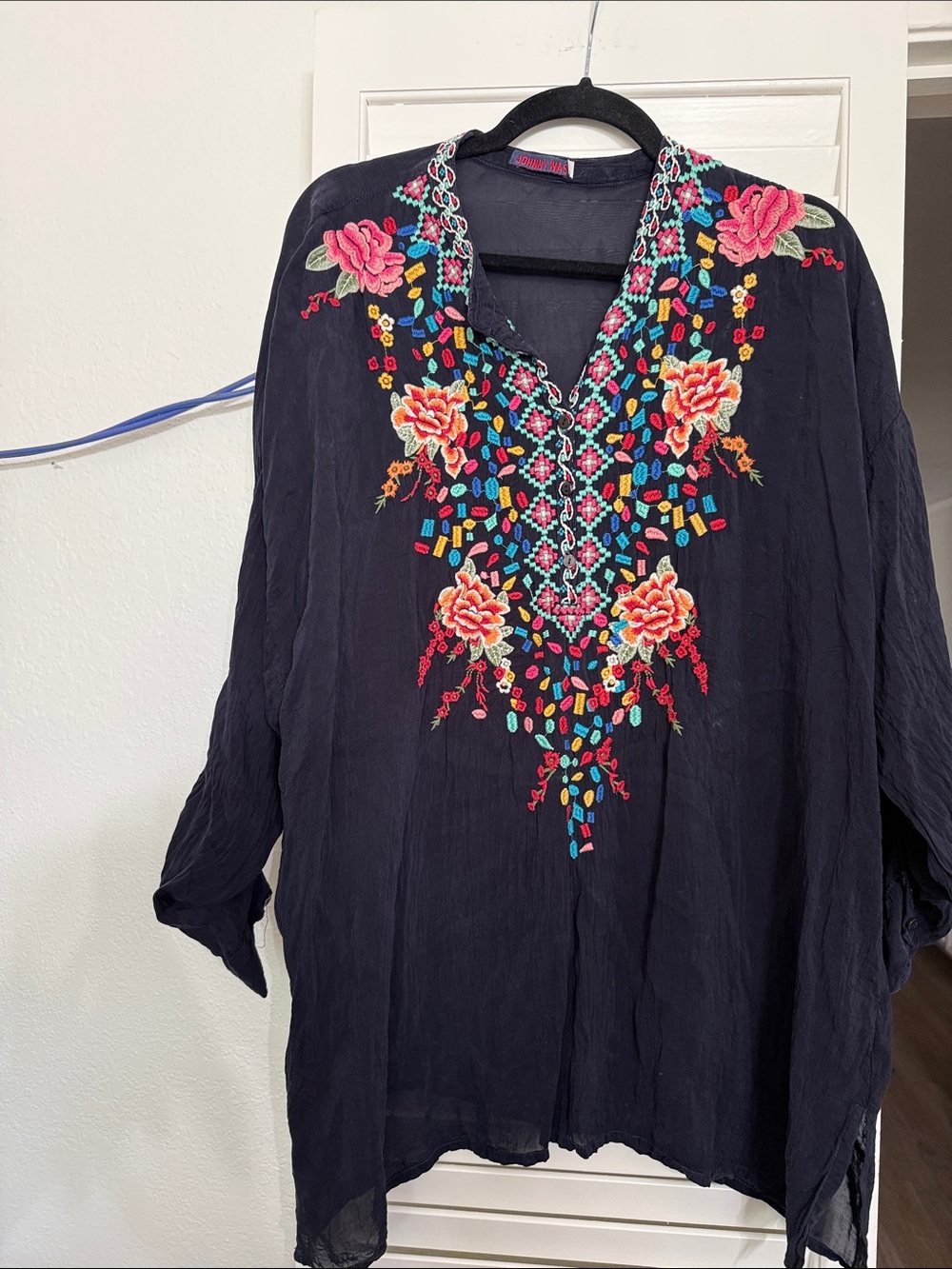 Johnny Was Black Tunic with Bright Floral Embroidery